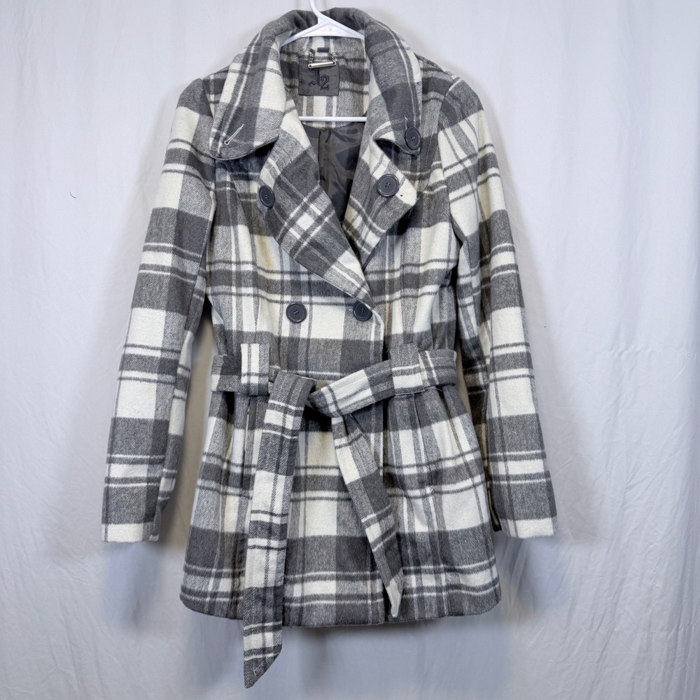 L2‎ Pea Coat Plaid Double Breasted Belted Gray White M